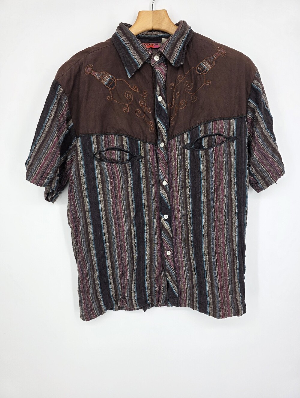 Avatar Men's Embroidered Western Striped Shirt Brown Size M.
